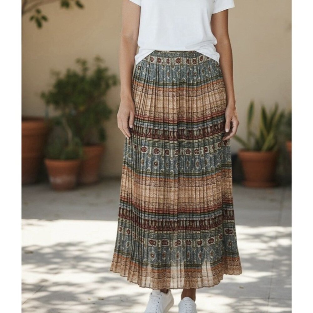 Vintage Coldwater Creek Pleated Maxi Skirt Elastic Waist Size Large Boho Hippie - Picture 1 of 7